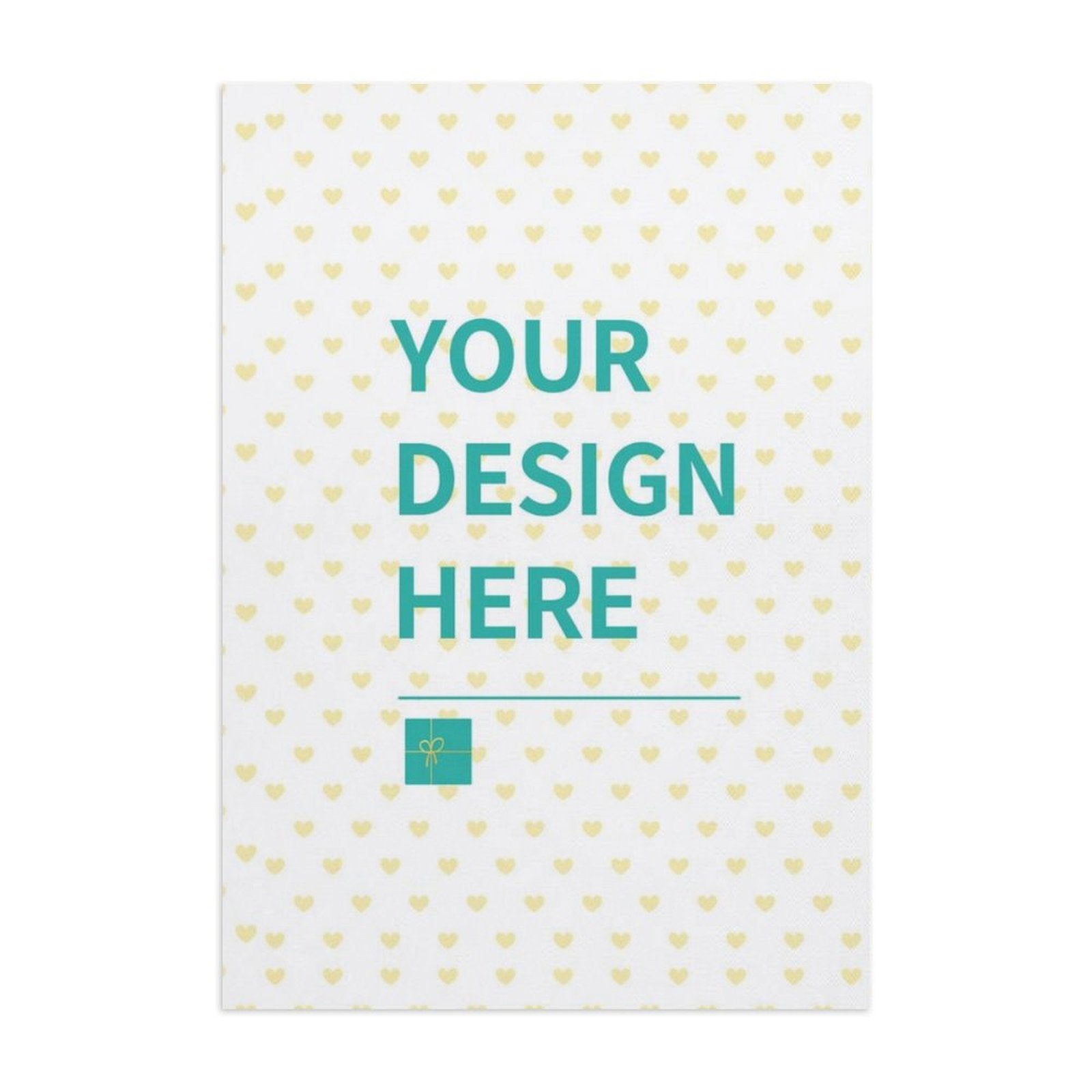 Custom canvas print with 'YOUR DESIGN HERE' text, heart pattern background, personalized wall art from MyArtsyGift