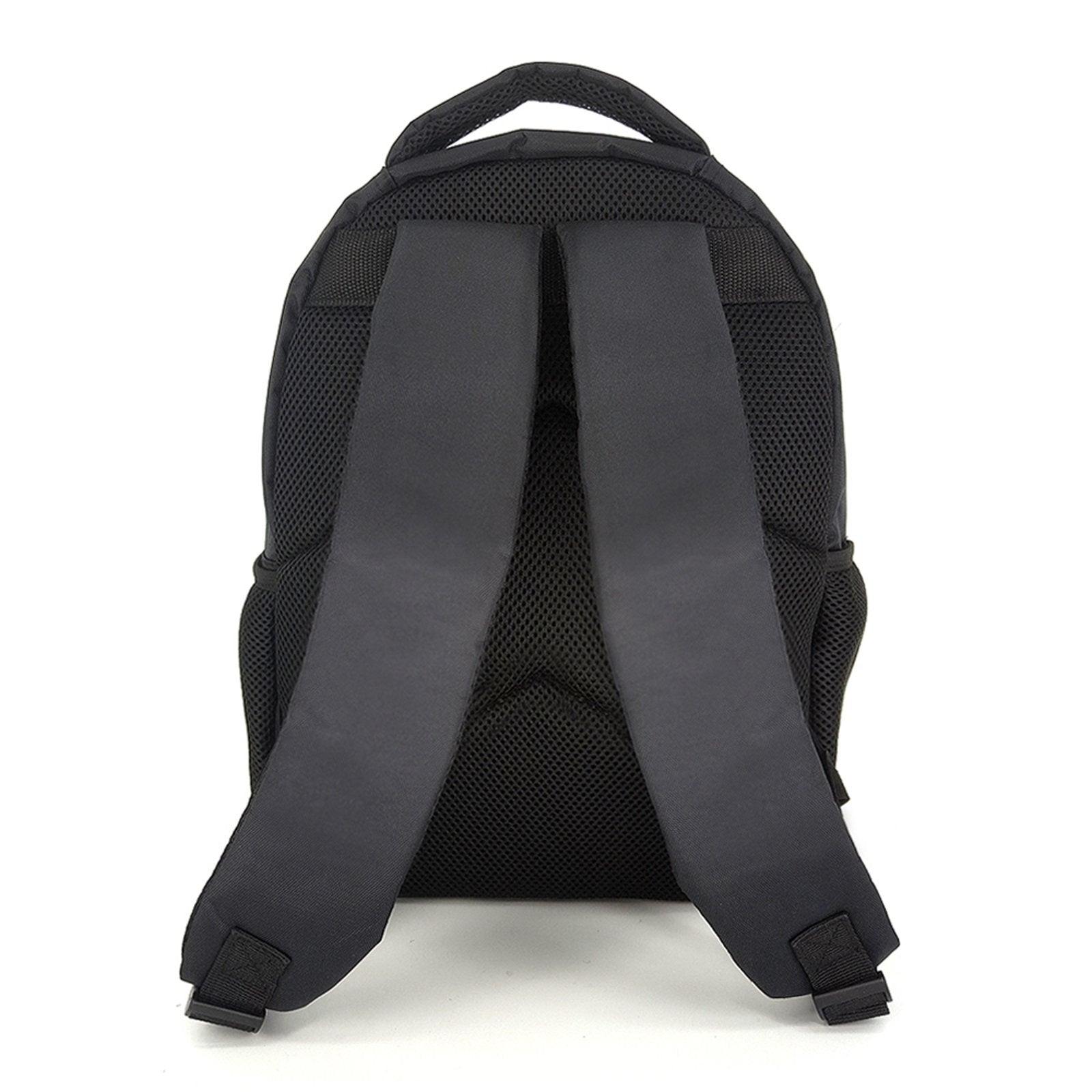 Customizable black backpack back view, Gezi Nylon, adjustable straps, mesh back panel for comfort, laptop bag.