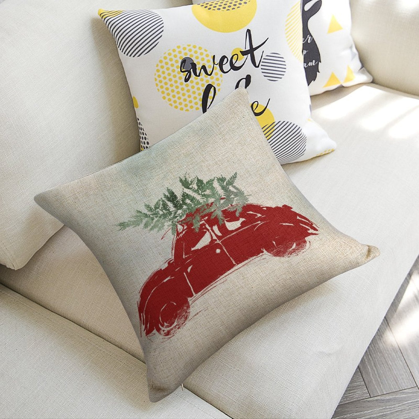 Christmas pillow cover with red car and Christmas tree, linen fabric, sofa cushion