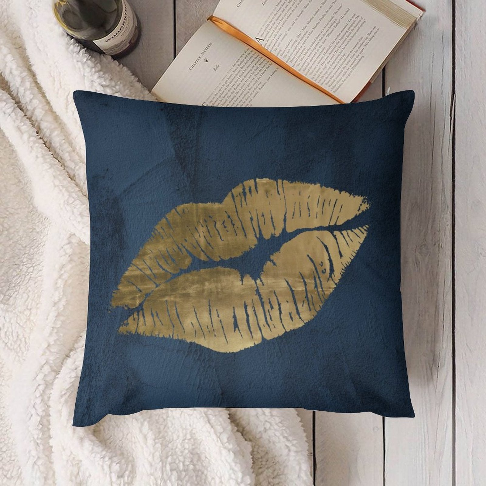 Navy blue plush pillow cover with gold lips design, luxurious and soft decorative pillow for sofa and couch