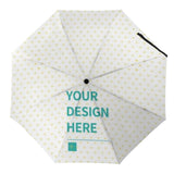 Customizable 3-fold umbrella with 'YOUR DESIGN HERE' text, windproof and UV resistant