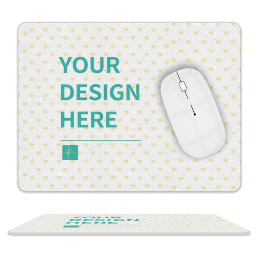Customizable leather mouse pad with "YOUR DESIGN HERE" text, white mouse, and heart pattern, perfect for office or home.
