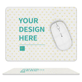 Customizable leather mouse pad with "YOUR DESIGN HERE" text, white mouse, and heart pattern, perfect for office or home.