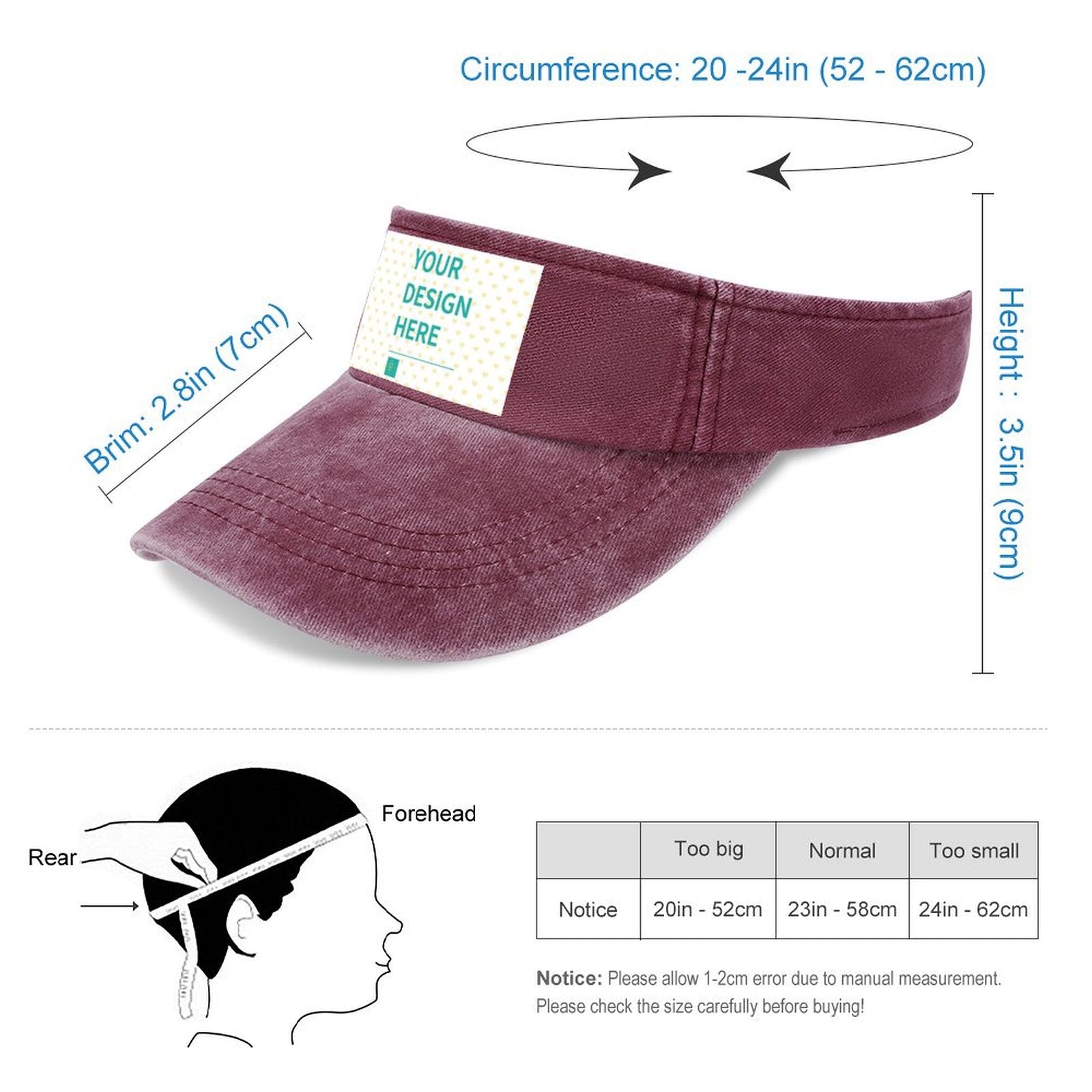 Customizable maroon open-top denim hat with 'YOUR DESIGN HERE', ideal for men and women; perfect personalized gift.