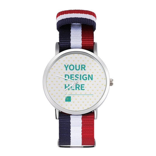 Custom photo watch for women and men with personalized design, nylon strap. Featuring text 'YOUR DESIGN HERE'.