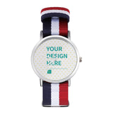 Custom photo watch for women and men with personalized design, nylon strap. Featuring text 'YOUR DESIGN HERE'.