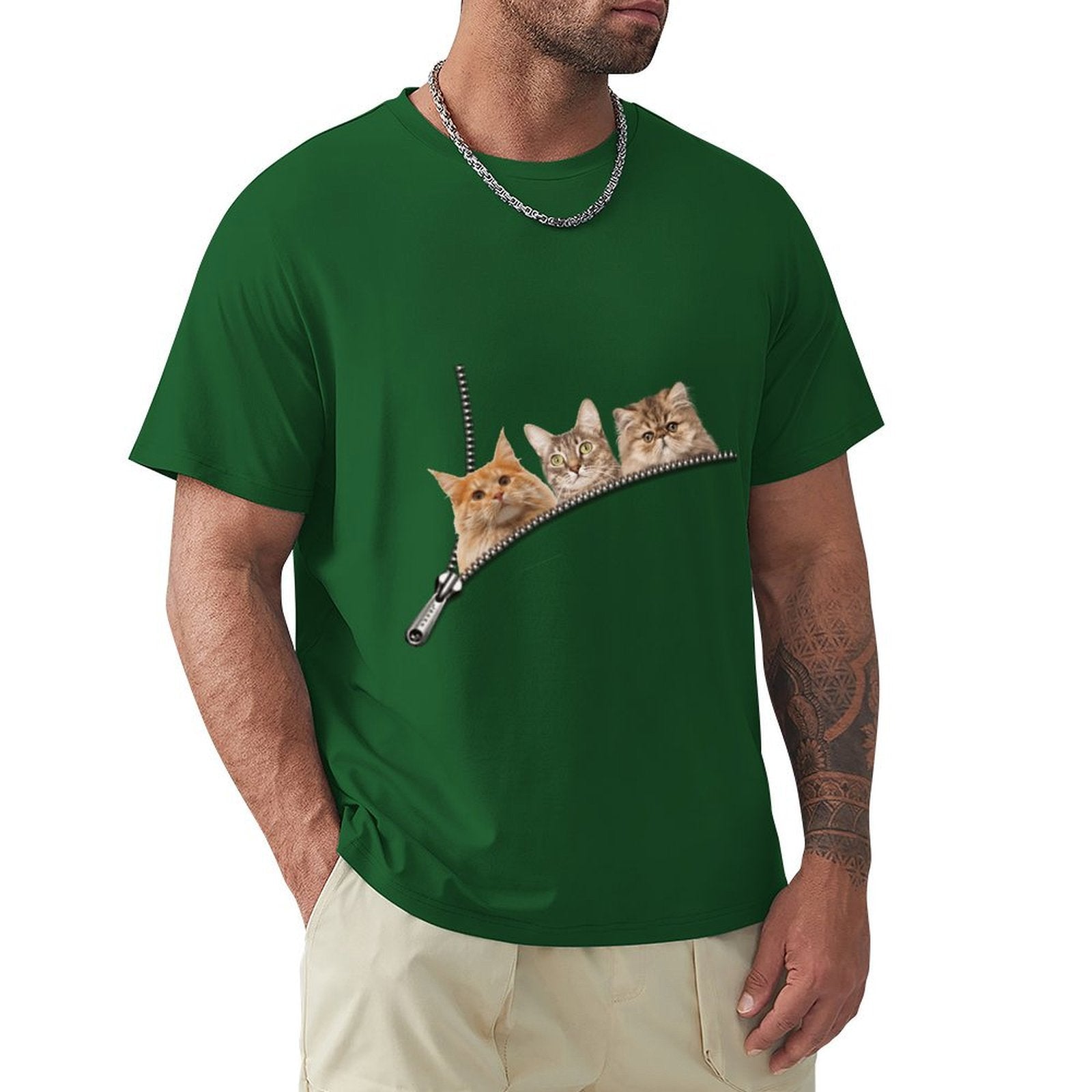 Green Men's crew neck t-shirt with cat zipper pocket design. Classic tee for cat lovers, S-6XL.