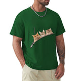 Green Men's crew neck t-shirt with cat zipper pocket design. Classic tee for cat lovers, S-6XL.