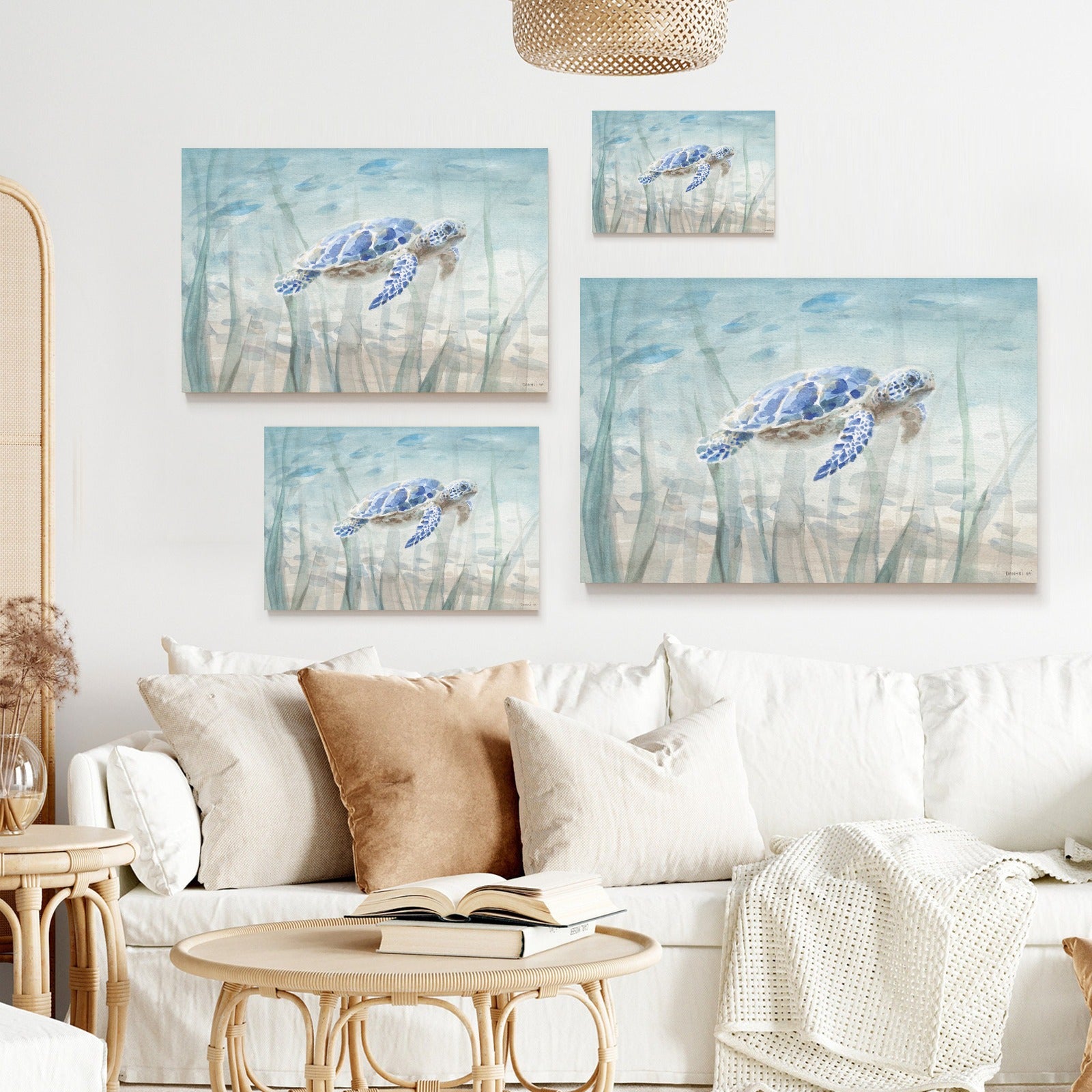 Undersea Turtle Canvas Print Set, featuring blue sea turtle artwork, by DANHUI NAI, for home decor. Made in USA.
