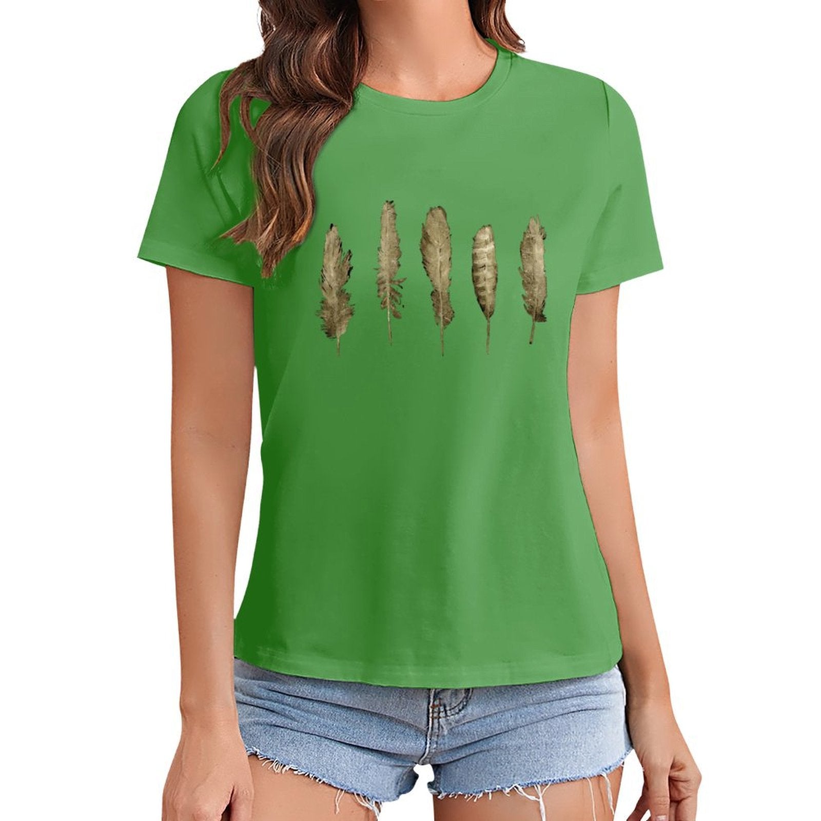 Green t-shirt with feather print for women, MyArtsyGift