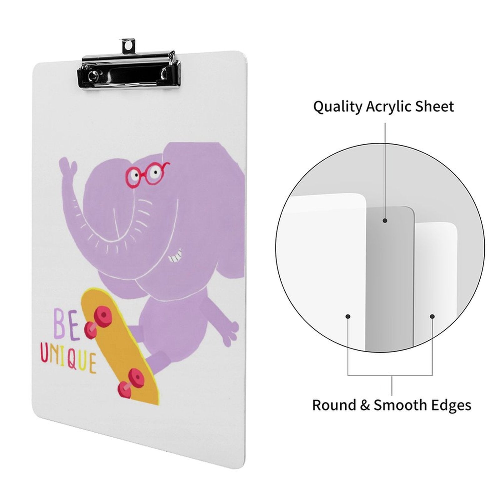 Acrylic clipboard with unique elephant design and 'BE UNIQUE' quote, ideal for students and office