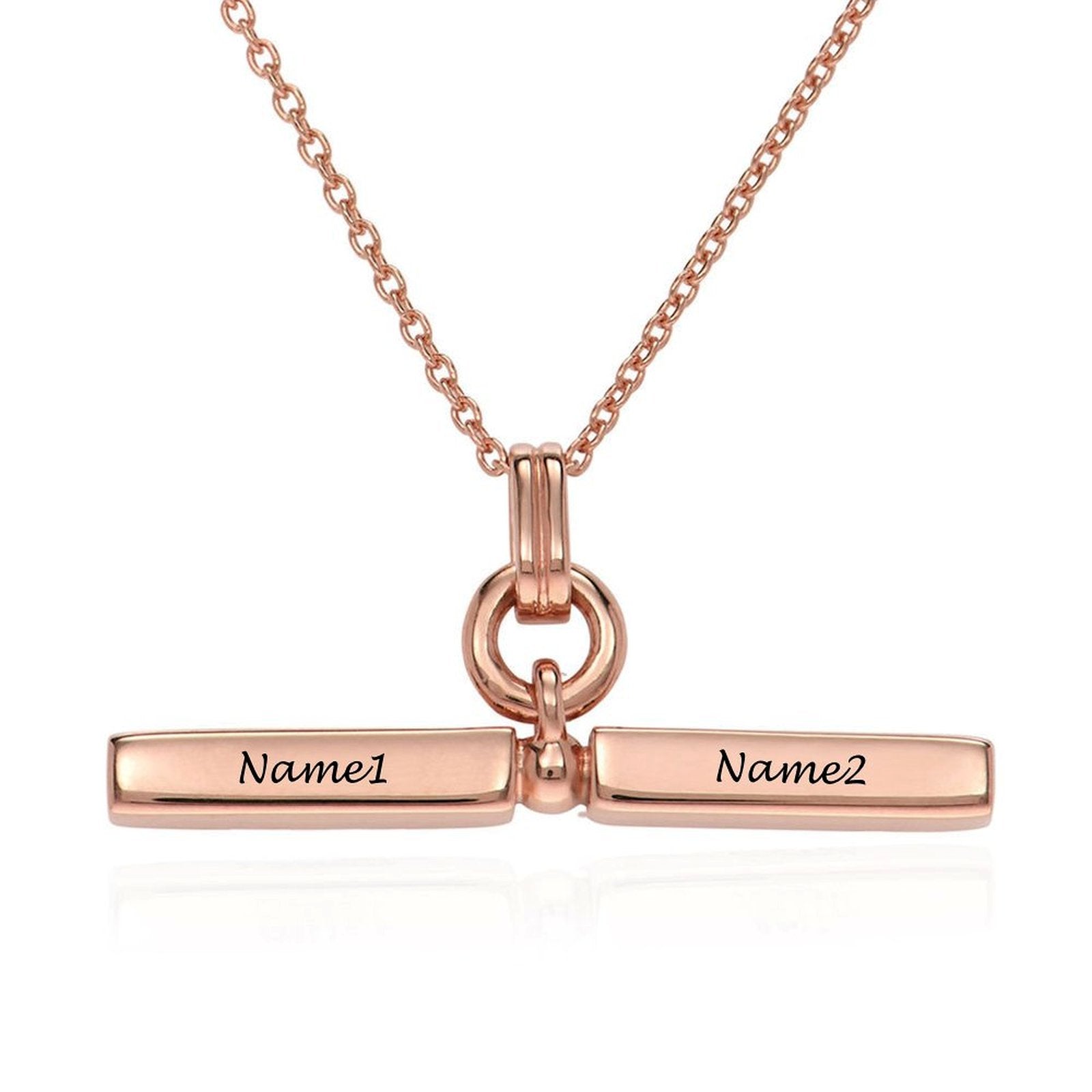 Rose gold custom bar necklace with Name1 and Name2 engraved, a personalized gift for women and men.