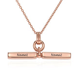 Rose gold custom bar necklace with Name1 and Name2 engraved, a personalized gift for women and men.