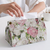 Rectangular floral PU tissue box cover with hand reaching for tissue. Ideal for bathroom, office, or home use.