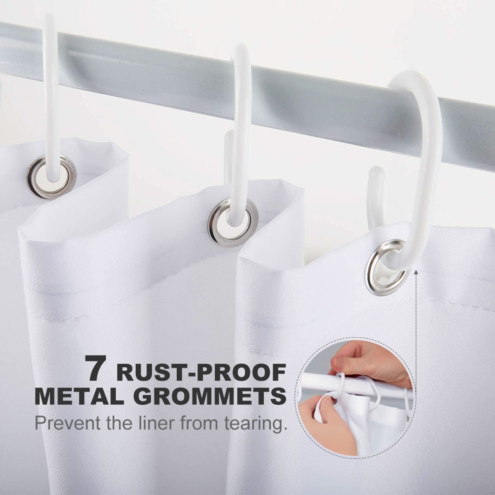 White shower curtain with 7 rust-proof metal grommets and hooks