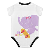 Infant bodysuit with a purple elephant on a skateboard and the words 'BE UNIQUE' for baby gifts