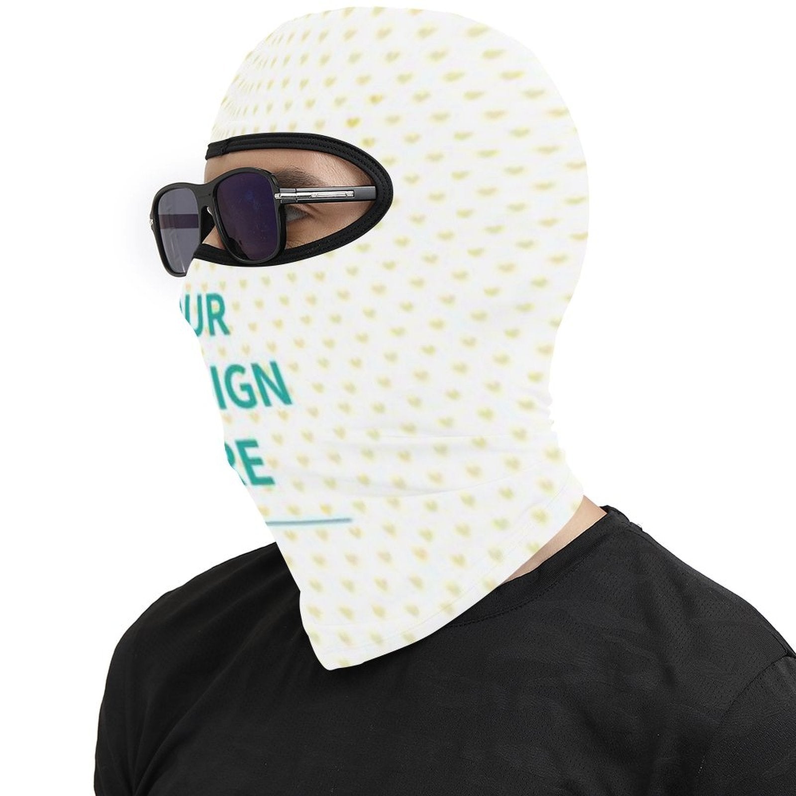 Custom ski mask balaclava, white, heart pattern, 'YOUR DESIGN HERE' text, personalized winter face mask