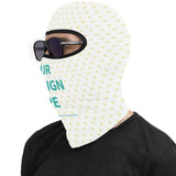 Custom ski mask balaclava, white, heart pattern, 'YOUR DESIGN HERE' text, personalized winter face mask