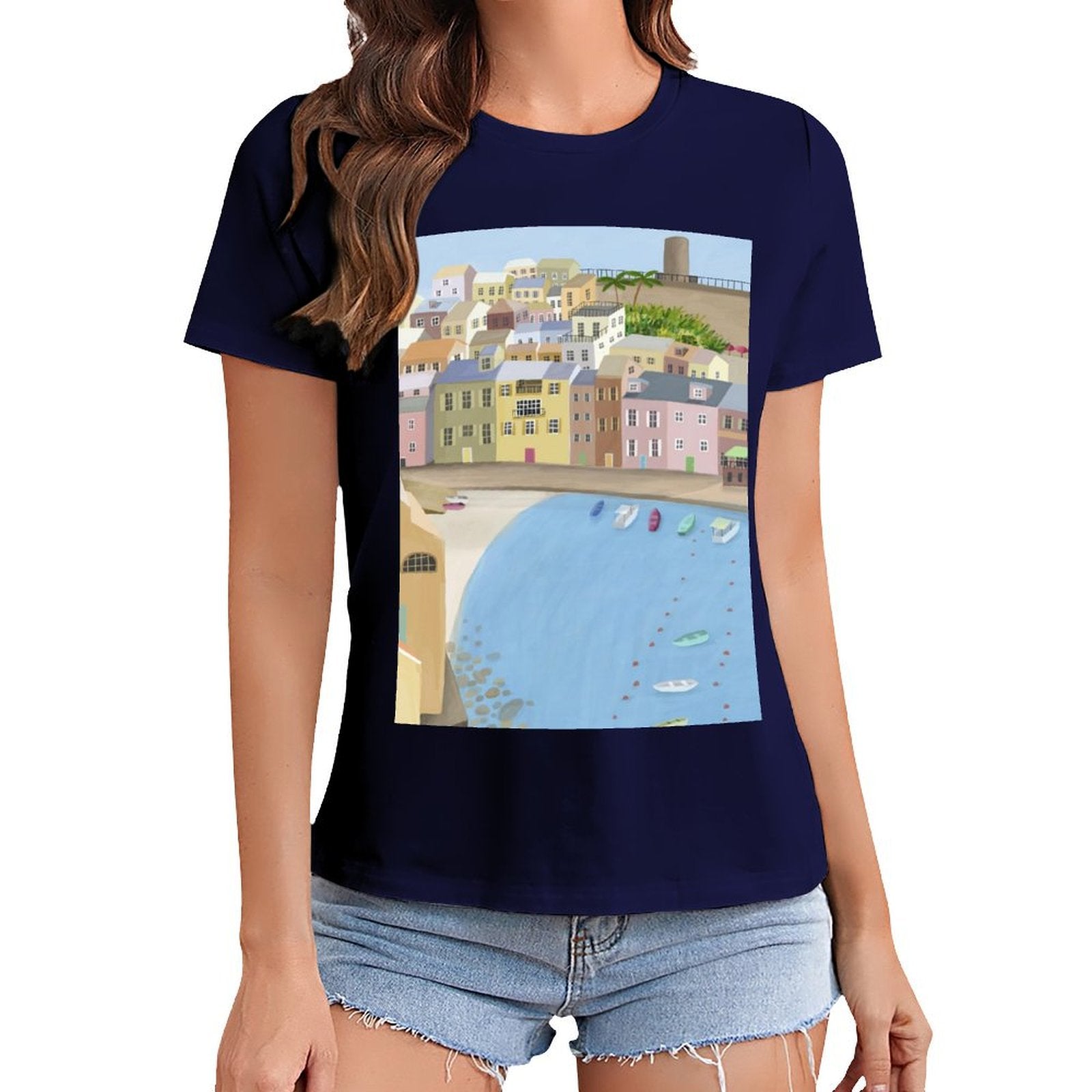 MyArtsyGift women's navy t-shirt with coastal town art print, comfortable and stylish apparel for art lovers