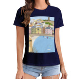 MyArtsyGift women's navy t-shirt with coastal town art print, comfortable and stylish apparel for art lovers