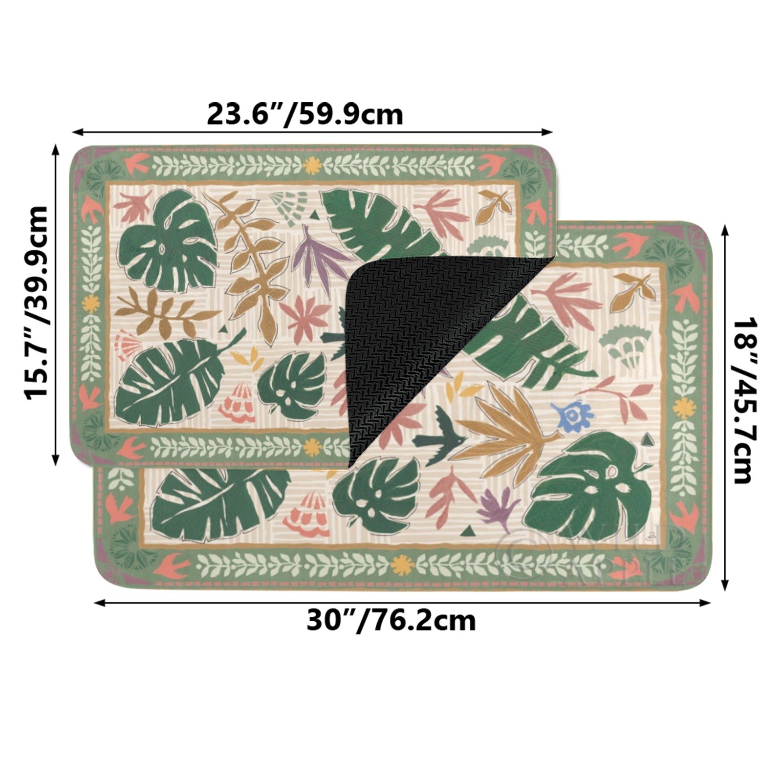 Desert color rubber floor mat with tropical leaf design, ideal for indoor/outdoor use, 23.6x15.7 & 30x18 inches.