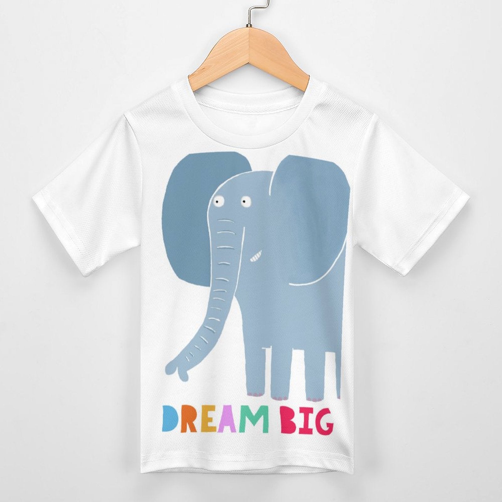 Kids' white t-shirt with a blue elephant and DREAM BIG text, perfect for summer.