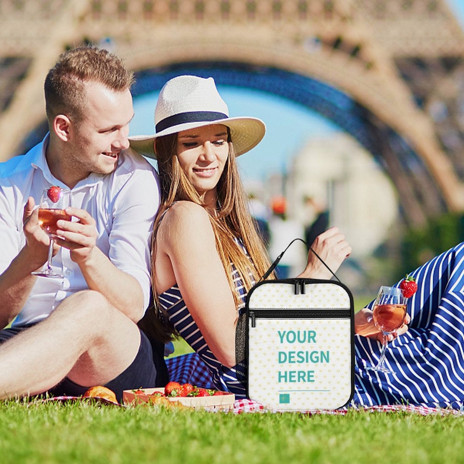 Customizable insulated lunch tote bag, perfect for work, picnic, or travel. Features 'YOUR DESIGN HERE' design.