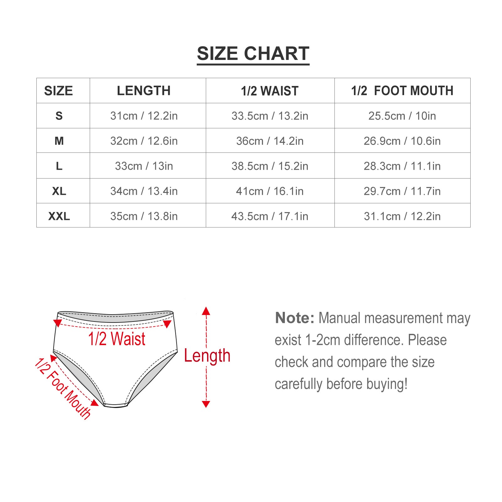 Size chart for custom women's high-waisted underwear, showing length, waist and foot mouth measurements for different sizes.
