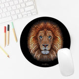 Round washable mousepad with mosaic lion design, non-slip base. Office & home use mouse mat with artist design and signature.