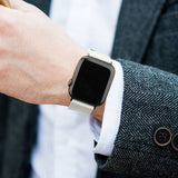 White silicone Apple Watch band with yellow dot pattern on wrist, custom Iwatch strap.