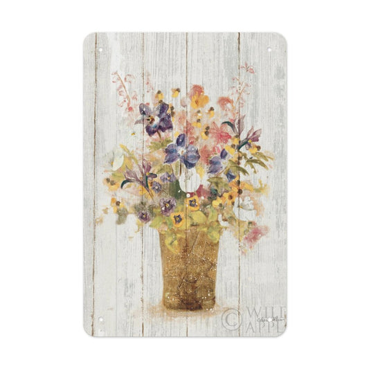 Metal tin sign, wildflowers in vase, personalized iron painting vertical for home decor.