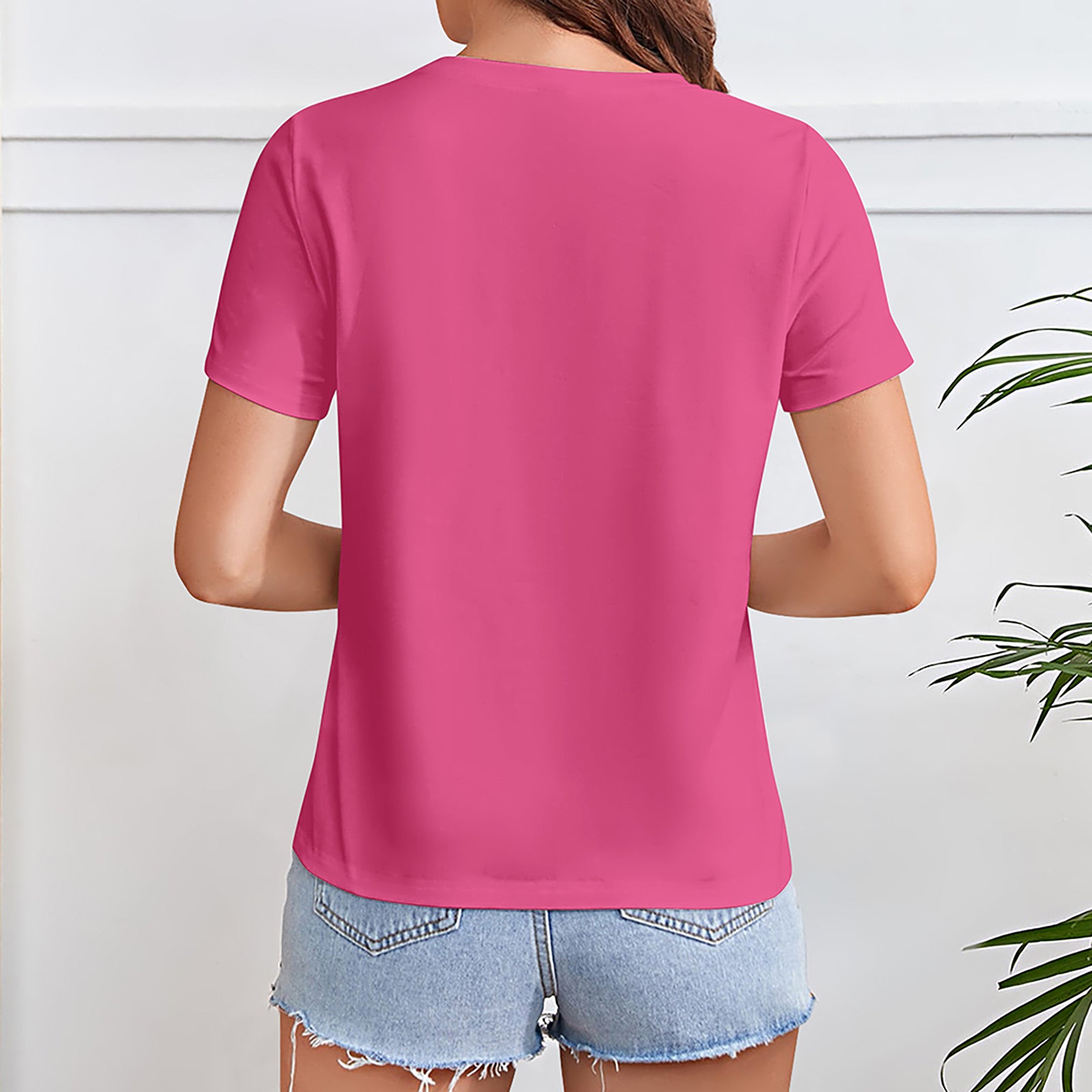 Pink crewneck short sleeve t-shirt from MyArtsyGift, women's apparel, with denim shorts, casual wear