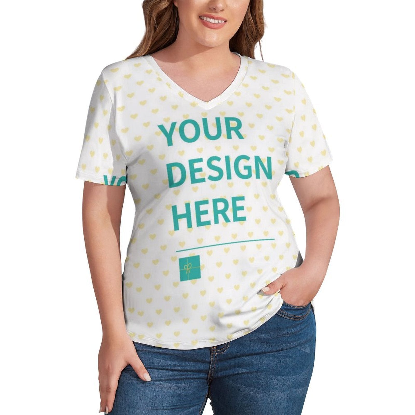 Customizable V-neck t-shirt for women with heart pattern. Includes space to add your design, available at MyArtsyGift.