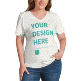 Customizable V-neck t-shirt for women with heart pattern. Includes space to add your design, available at MyArtsyGift.