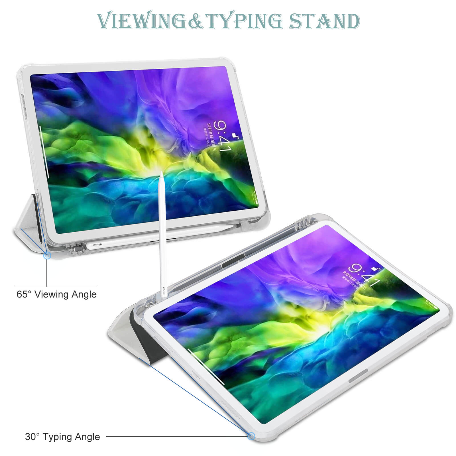 iPad Pro 2021 protective case with adjustable stand for viewing and typing, including 65° viewing angle and 30° typing angle.