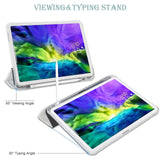 iPad Pro 2021 protective case with adjustable stand for viewing and typing, including 65° viewing angle and 30° typing angle.