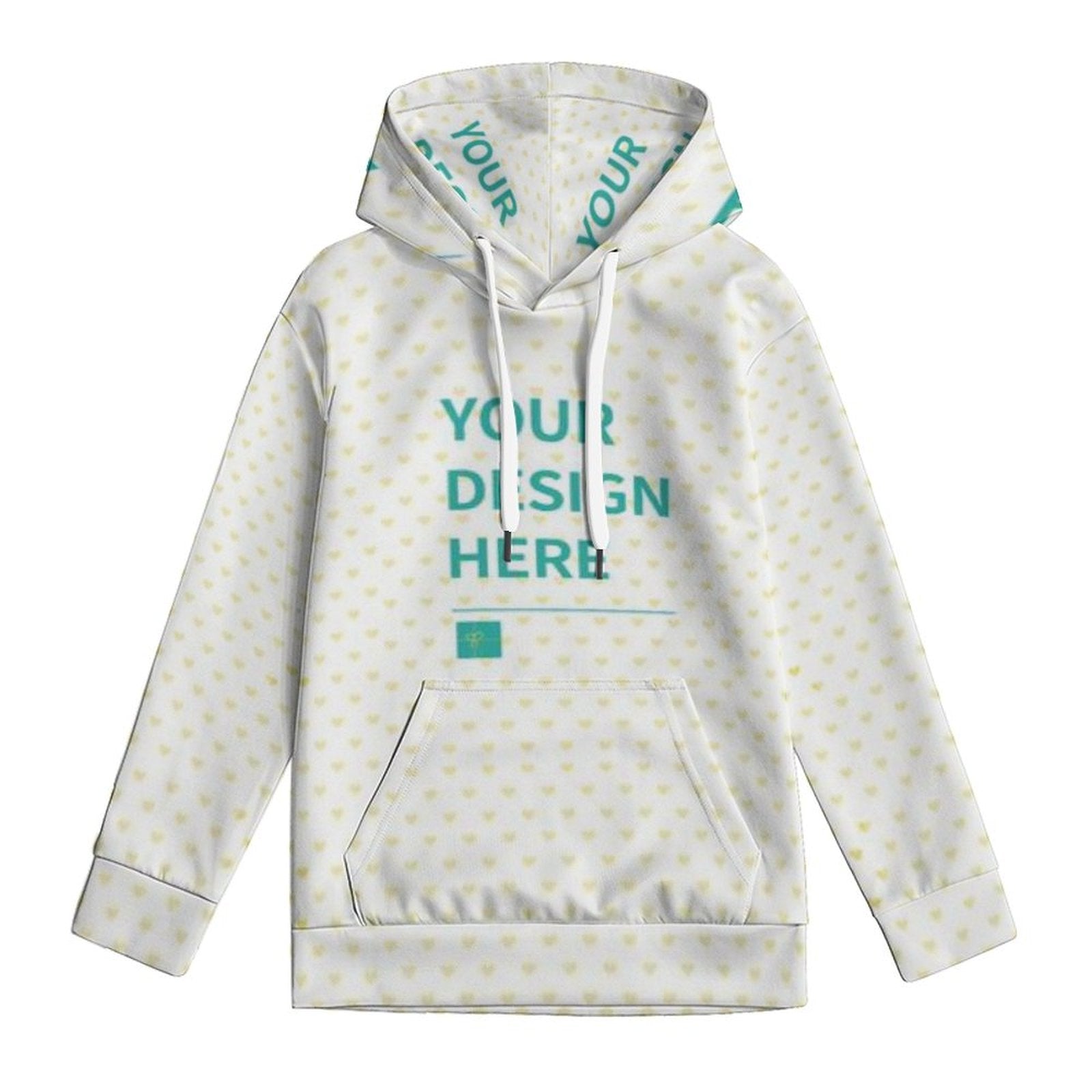 Customizable kids hoodie with heart pattern and 'YOUR DESIGN HERE' text, perfect for personalized gifts.