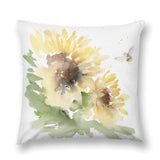 Soft, fluffy plush pillow cover with watercolor sunflowers and bee art. Decorative cushion for sofa, couch, or living room.