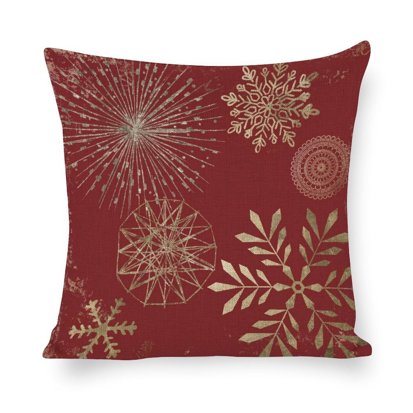 Red cotton linen pillow case with gold snowflake patterns for bedroom decor, part of a set of 4.