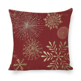 Red cotton linen pillow case with gold snowflake patterns for bedroom decor, part of a set of 4.