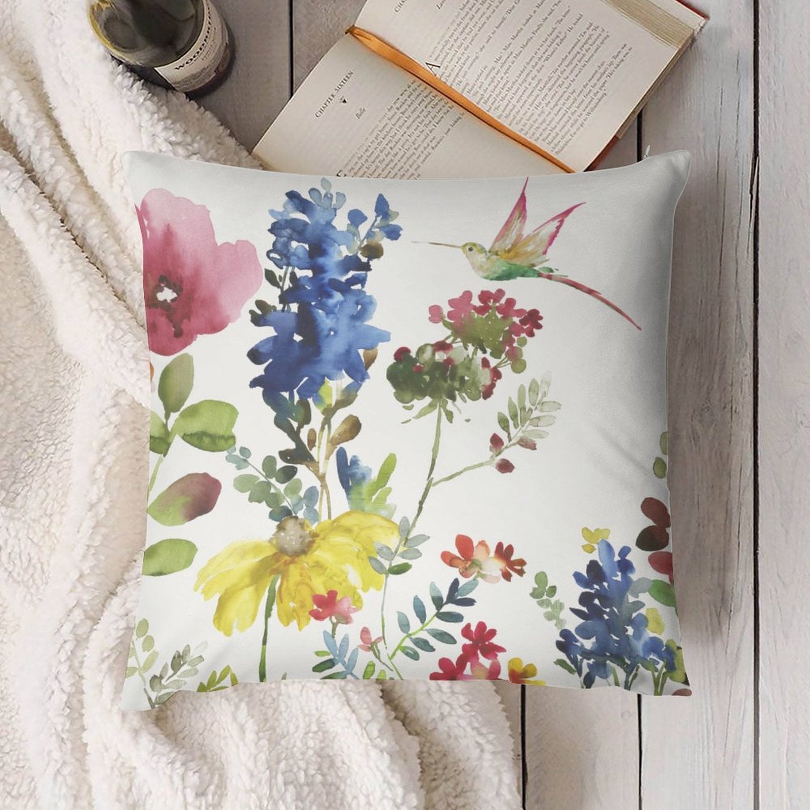Watercolor floral plush pillow cover with hummingbird design for sofa and couch decor