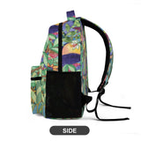 School backpack for kids, colorful tropical design, durable twill fabric, side view.