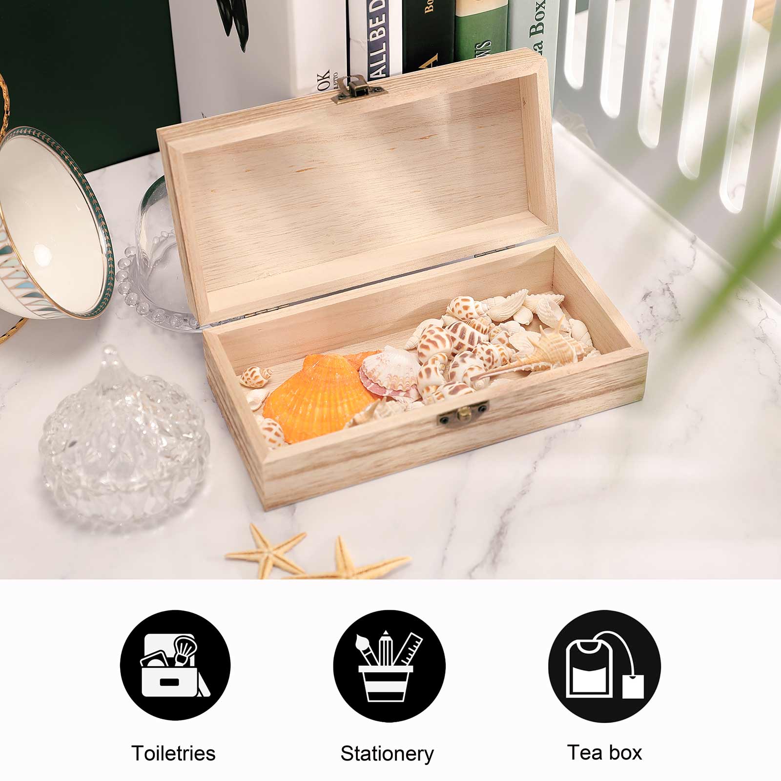 Wooden storage box with seashells, ideal for home decor; Material: wood