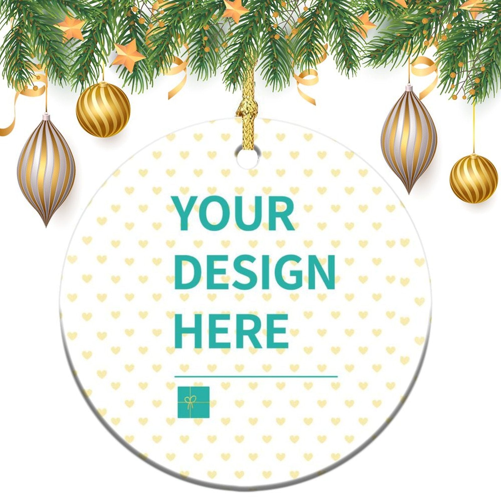 Personalized Christmas ornament with "YOUR DESIGN HERE" text, perfect for custom photo gifts and Christmas tree decor.