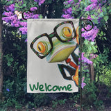 Welcome Frog Garden Flag - Funny frog with glasses garden decor, perfect for outdoor use.
