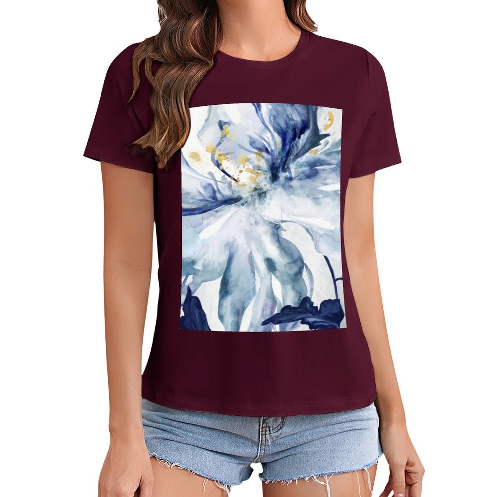 Women's burgundy crewneck t-shirt with a blue floral graphic print, MyArtsyGift design.
