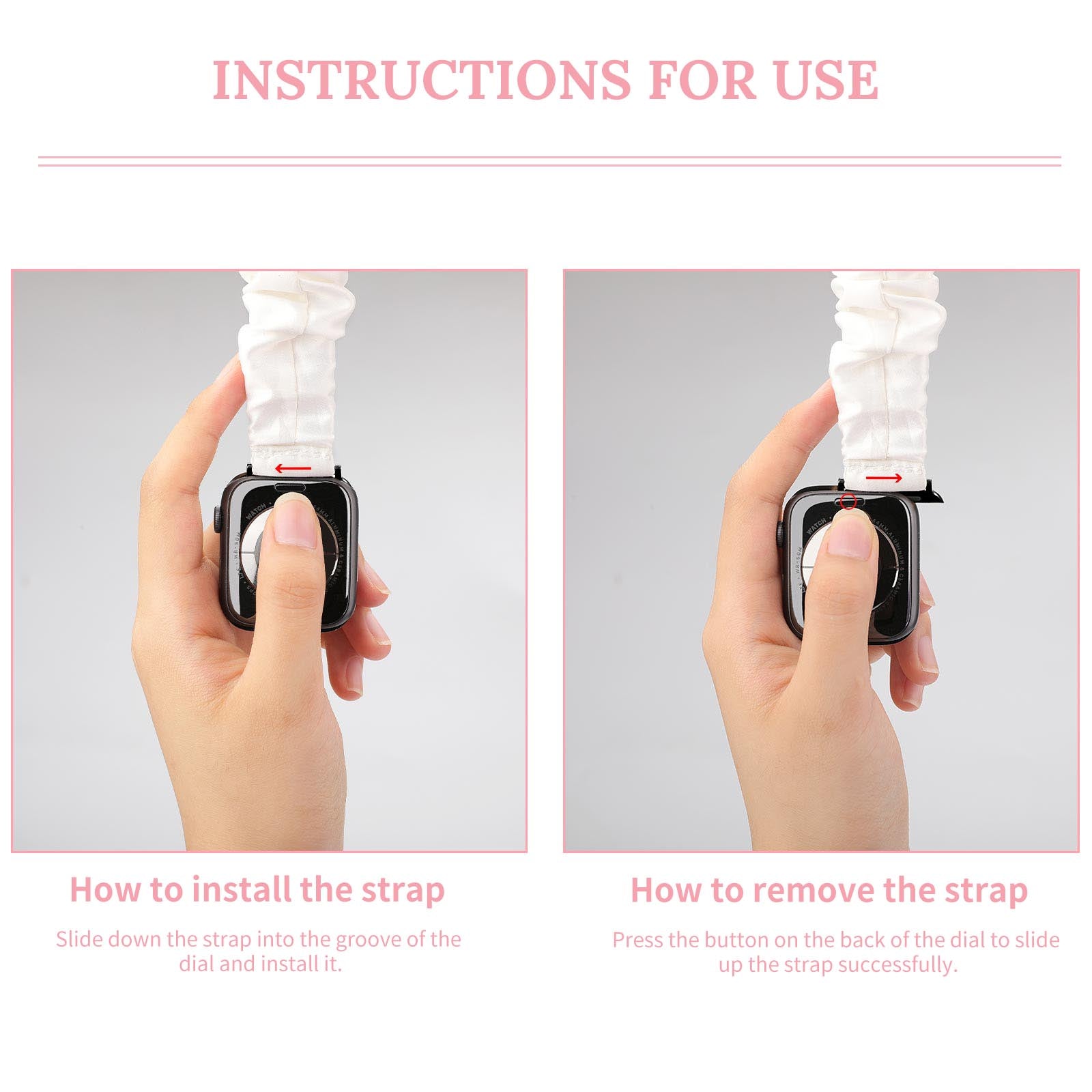 How to install and remove polyester scrunchie Apple Watch band. Step-by-step instructions for iWatch band replacement.