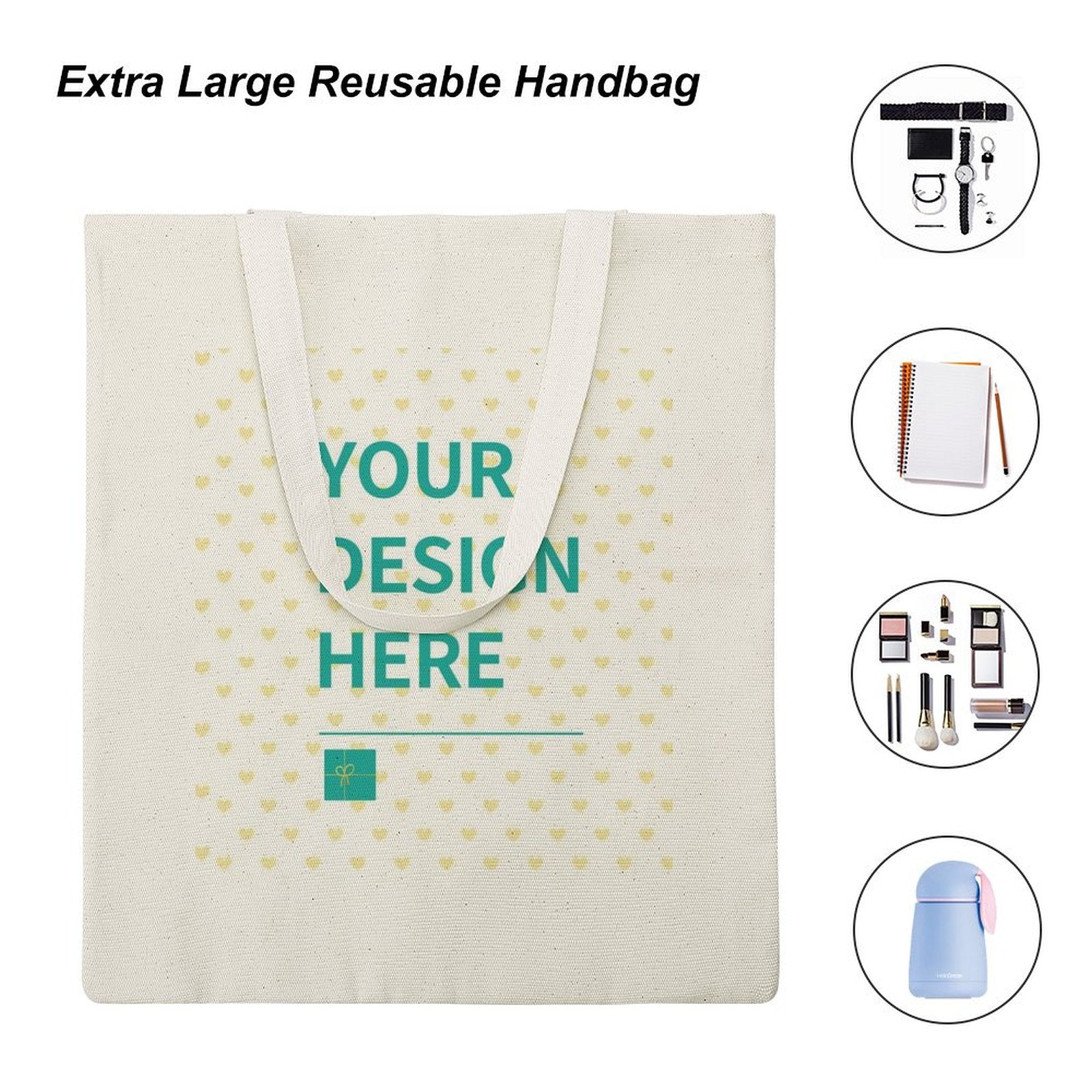 Customizable cotton tote bag with 'YOUR DESIGN HERE' design, reusable shopping bag