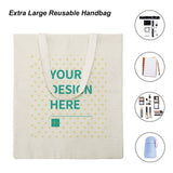 Customizable cotton tote bag with 'YOUR DESIGN HERE' design, reusable shopping bag
