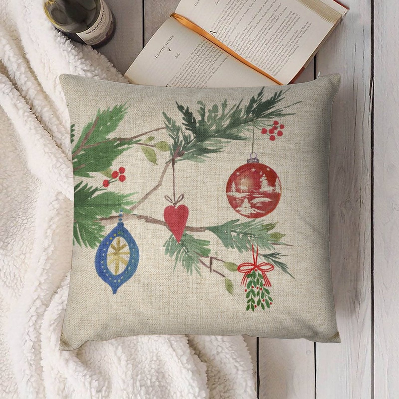 Linen Christmas Pillow Cover with festive ornaments, for sofa, couch, bed decor